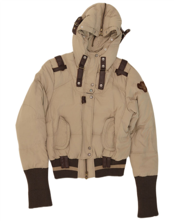 Frankie Morello Dame Hætte Polstret Jakke IT 42 Lille Beige Polyester
