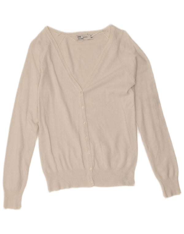 Zara Dame Cardigan Sweater UK 10 Small White Bomuld