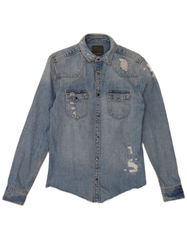 Zara Herre Distressed Regular Fit denimskjorte lille blå bomuld