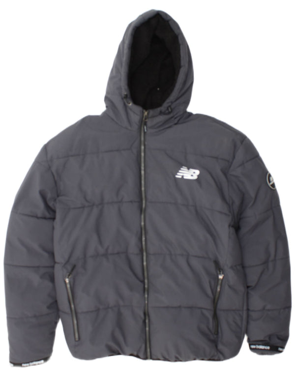 New Balance Herre Hætte Sherpa Polstret Jakke UK 40 Stor Grå Polyester