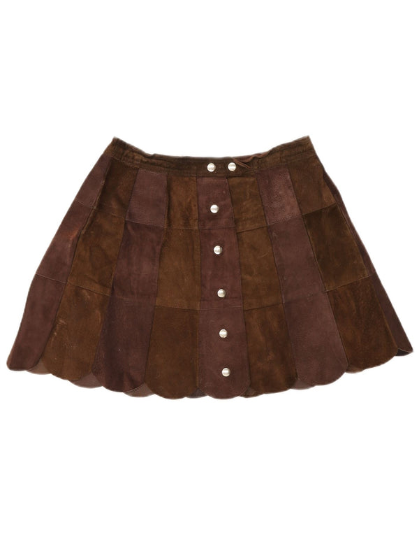 VINTAGE mininederdel i ruskind til kvinder W26 lille brunt læder