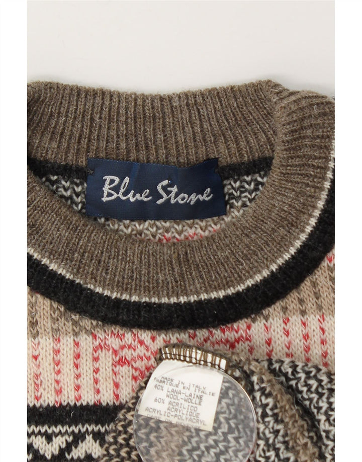 Vintage herre rund hals sweater stor flerfarvet geometrisk uld