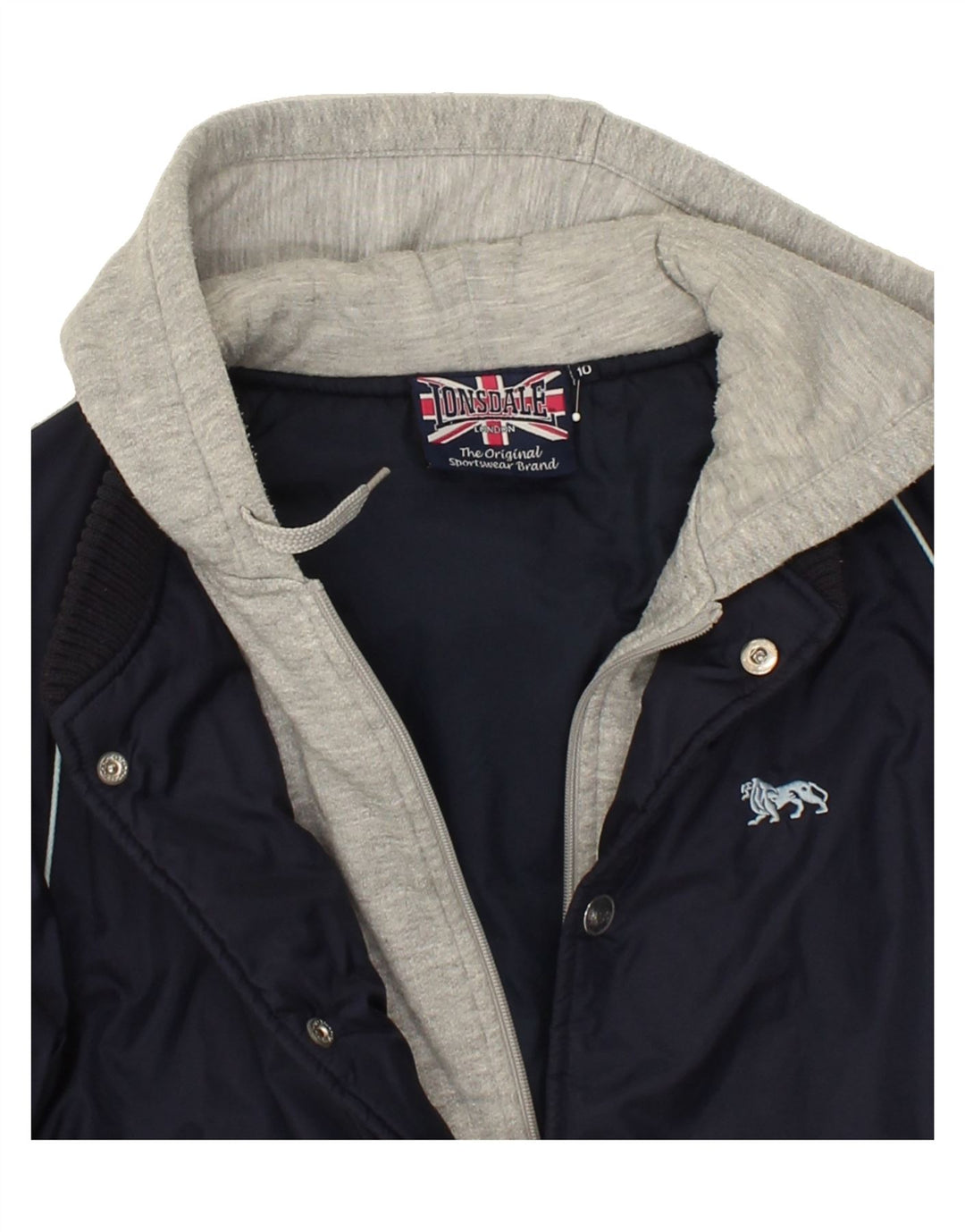 LONSDALE Boys Graphic Hooded Bomber Jacket 9-10 Years Navy Blue Vintage Lonsdale and Second-Hand Lonsdale from Messina Hembry 