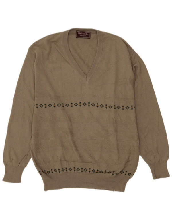 MALAGRIDA Mens V-Neck Jumper Sweater Medium Grey Geometric Wool