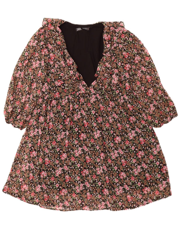 Zara Dame 3/4 ærmet A-Line Kjole UK 10 Small Multicolored Floral