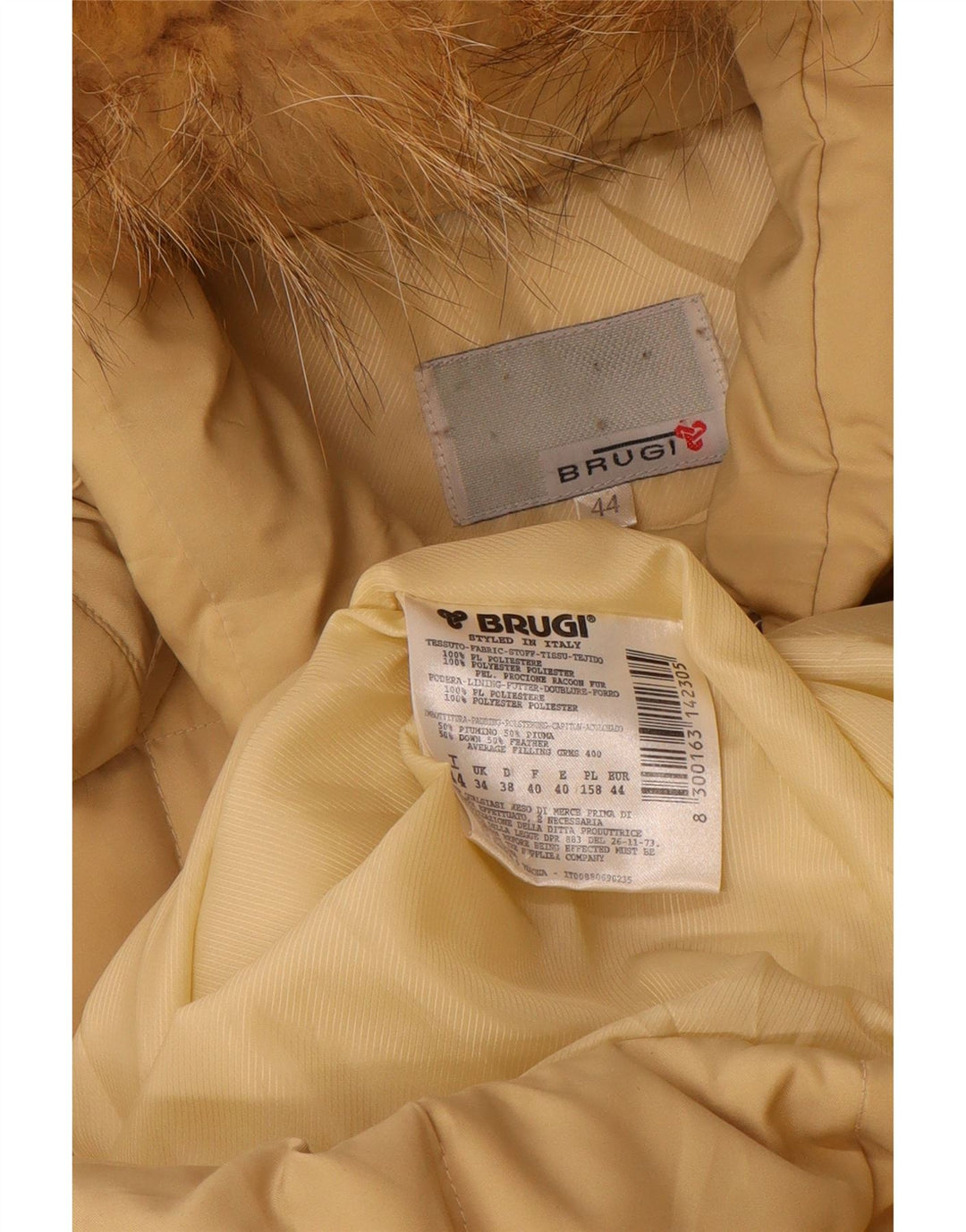 BRUGI Dame Hætte Polstret Frakke IT 44 Medium Beige Polyester