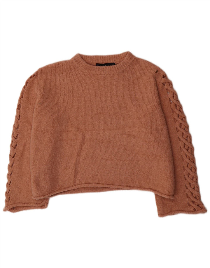 Zara Womens Crop Oversized Crew Neck Jumper Sweater UK 14 Medium Brown