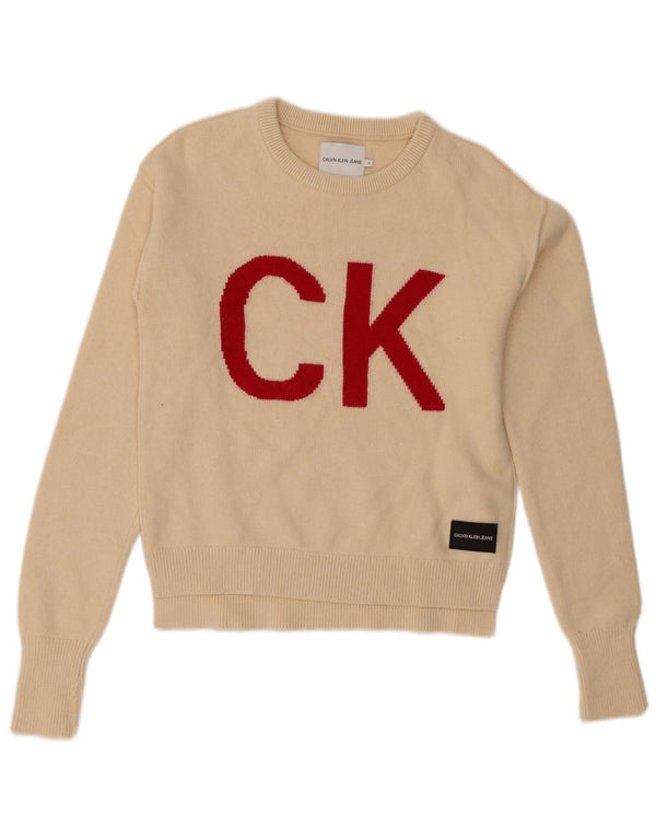 Calvin Klein piger grafisk rund hals sweater 13-14 år beige