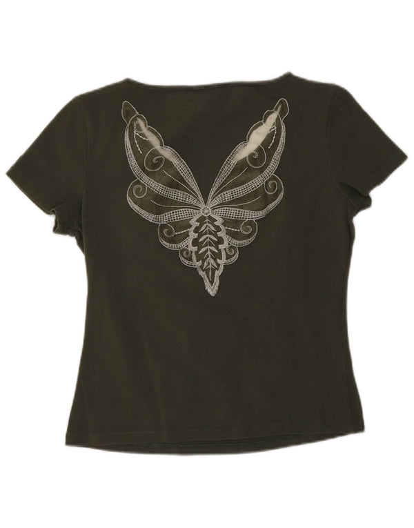 Christian Dior Dame Grafisk T-Shirt Top UK 14 Medium Khaki Butterfly