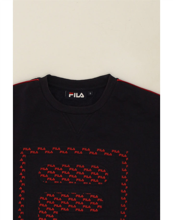 FILA Mens Graphic Sweatshirt Jumper Small Navy Blue Cotton | Vintage Fila | Thrift | Second-Hand Fila | Used Clothing | Messina Hembry 