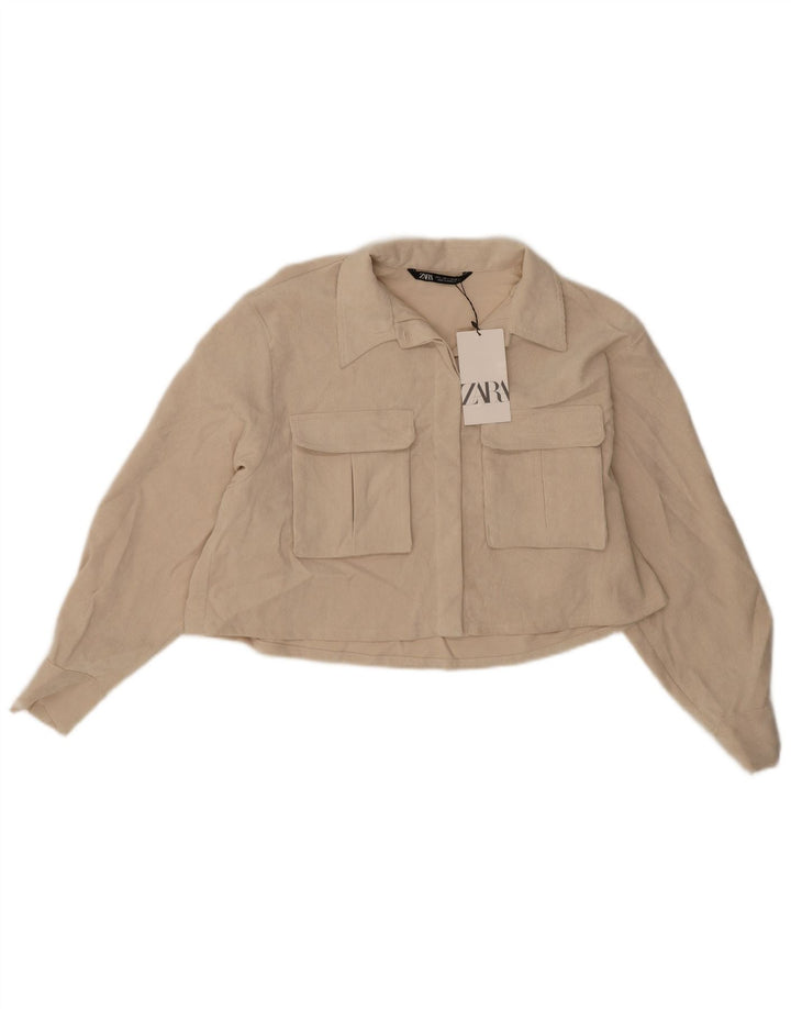 Zara Womens Crop Shirt UK 14 Large Beige Polyester
