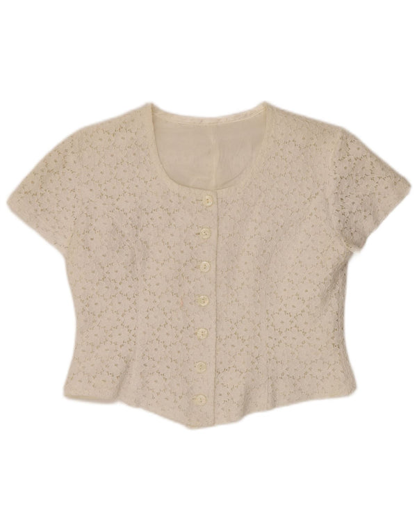VINTAGE Womens Crop kortærmet skjortebluse IT 46 Large Off White Floral