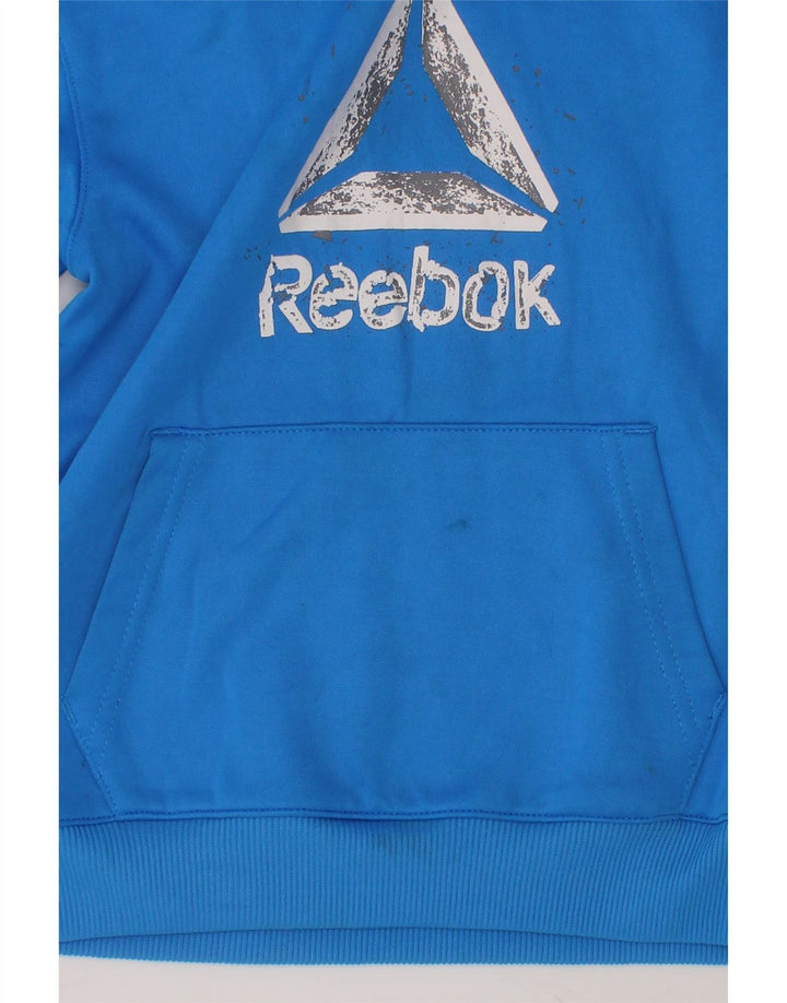 REEBOK Boys Graphic Hoodie Jumper 4-5 Years Blue Colourblock Polyester Vintage Reebok and Second-Hand Reebok from Messina Hembry 