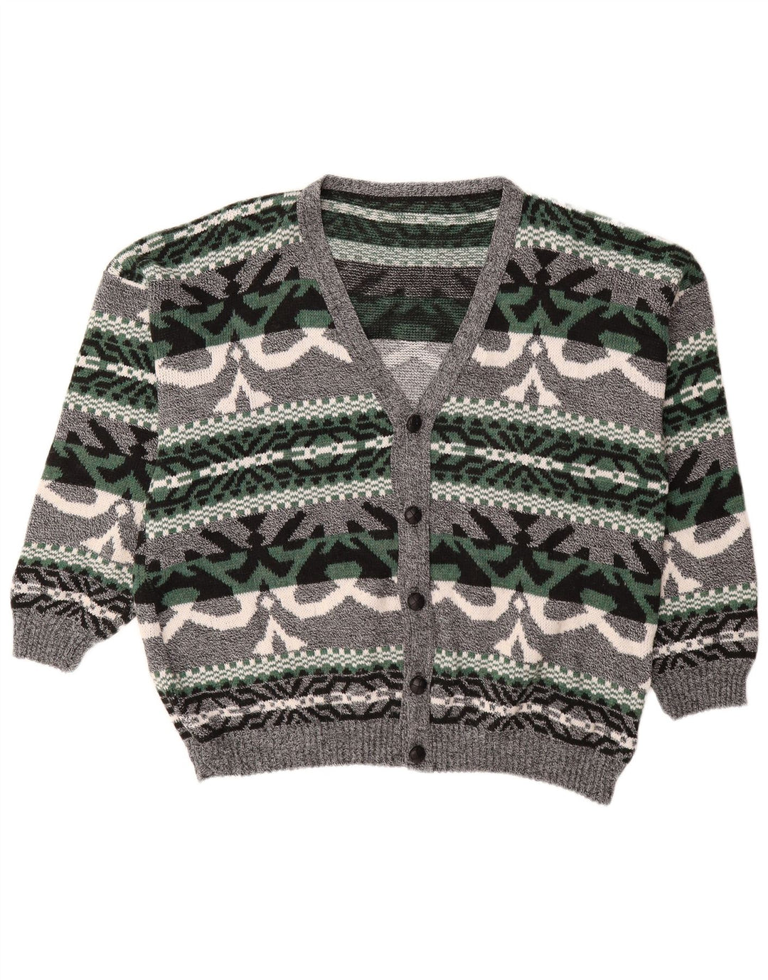 VINTAGE Mens Cardigan Sweater XL Grey Fair Isle Acrylic
