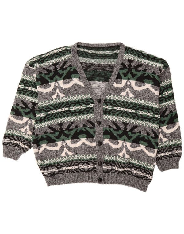 VINTAGE Mens Cardigan Sweater XL Grey Fair Isle Acrylic