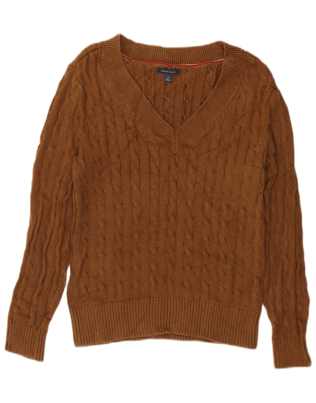 TOMMY HILFIGER Dame V-hals sweater UK 12 Medium Brun Bomuld