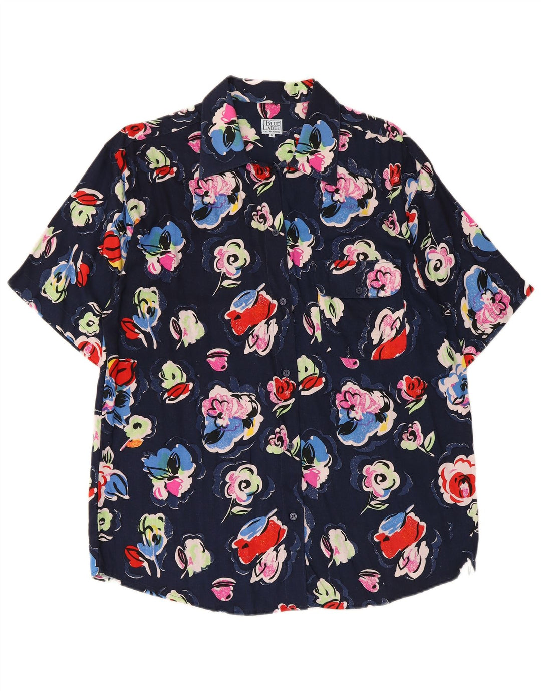 Vintage Kortærmet Herreskjorte Medium Navy Blue Floral Viscose