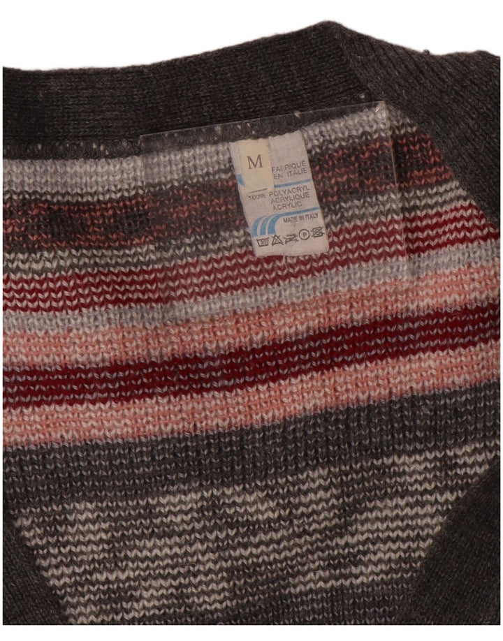 Vintage dame cardigan sweater UK 14 mellemgrå stribet akryl