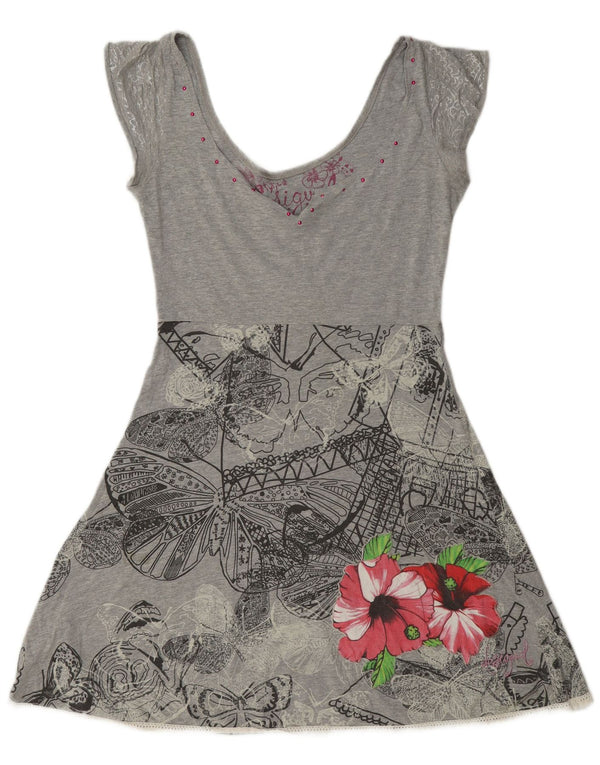 Desigual Kvinders Grafisk A-Line Kjole UK 14 Stor Grå Blomster Bomuld