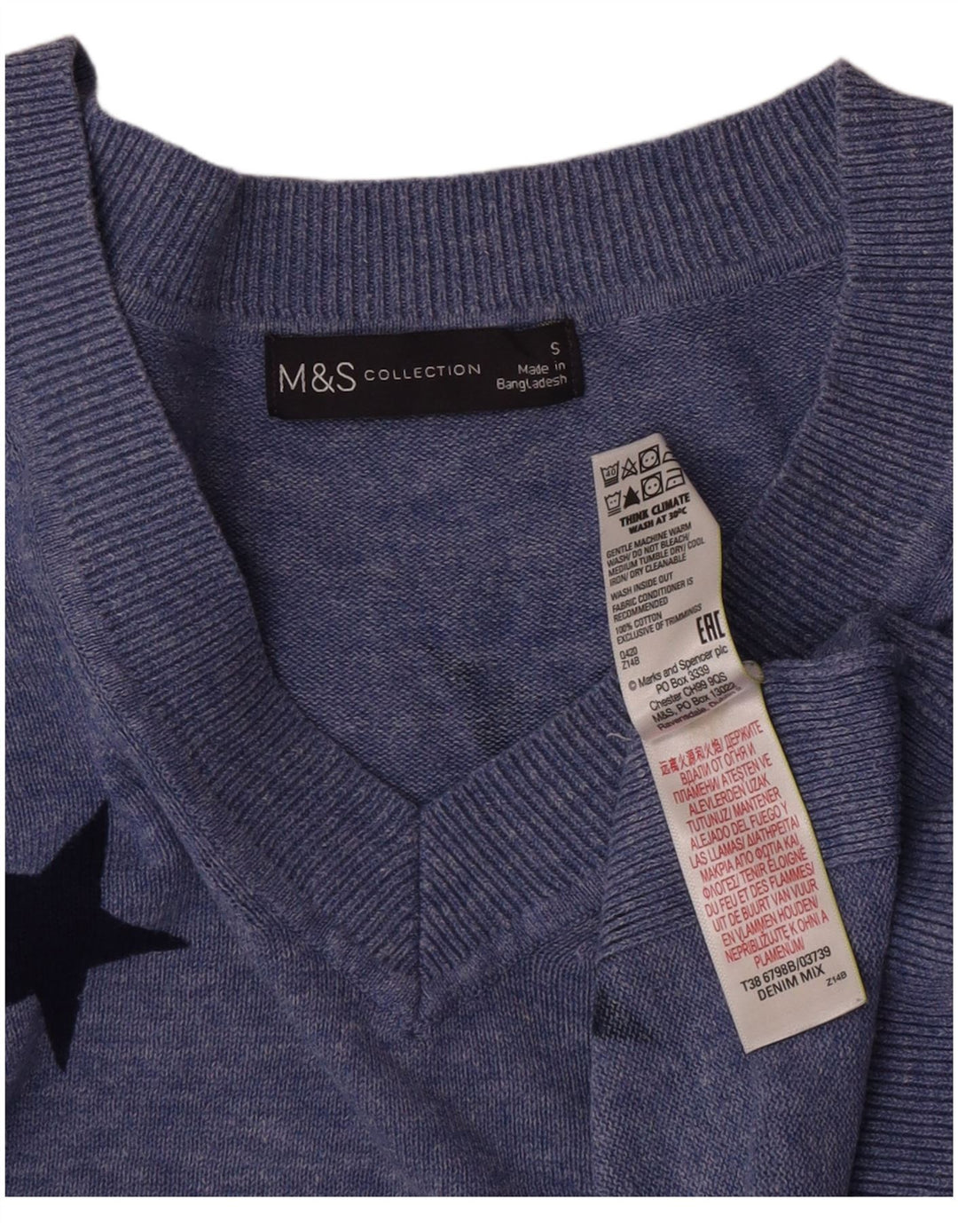 Marks & Spencer Dame grafisk V-hals sweater UK 10 Small Blue