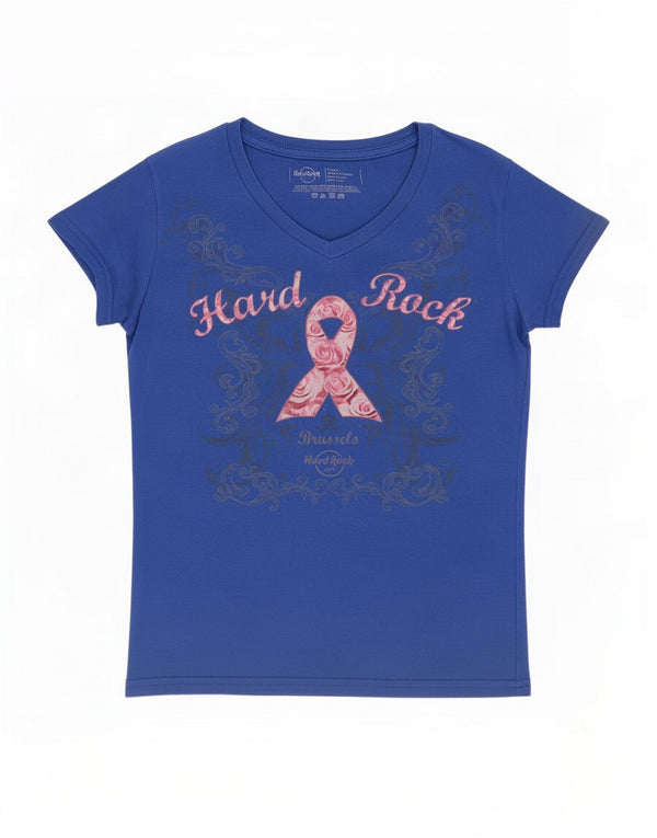 Hard Rock Cafe Kvinder Bruxelles Grafisk T-Shirt Top UK 6 XS Blå Bomuld