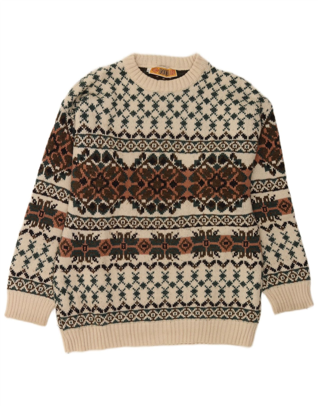 Vintage Herre Crew Neck Jumper Sweater IT 50 Medium White Fair Isle Wool