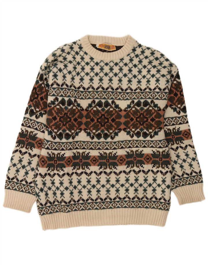 Vintage Herre Crew Neck Jumper Sweater IT 50 Medium White Fair Isle Wool