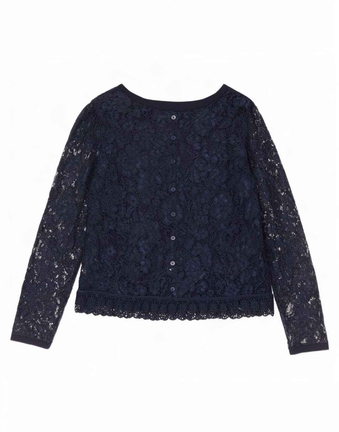 Vintage Dame Langærmet Blonde Bluse Top EU 40 Medium Navy Blue Floral