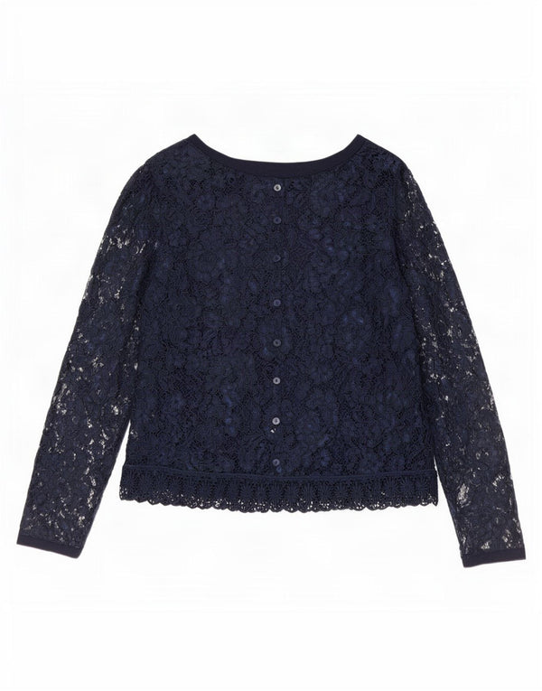 Vintage Dame Langærmet Blonde Bluse Top EU 40 Medium Navy Blue Floral