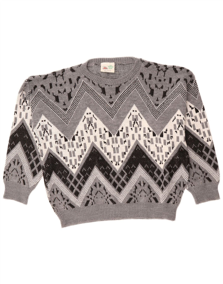 Vintage Herre Boat Neck Jumper Sweater Stor Grå Chevron Akryl