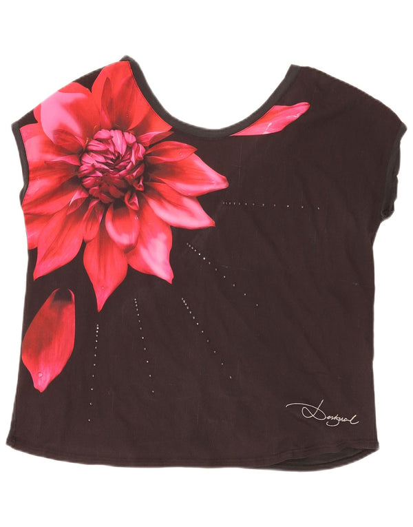 Desigual Womens Regular Graphic T-Shirt Top UK 14 Large Black Floral
