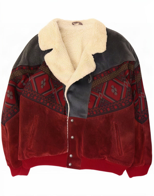 Vintage herre sherpa ruskindsjakke IT 56 3XL brun geometrisk læder