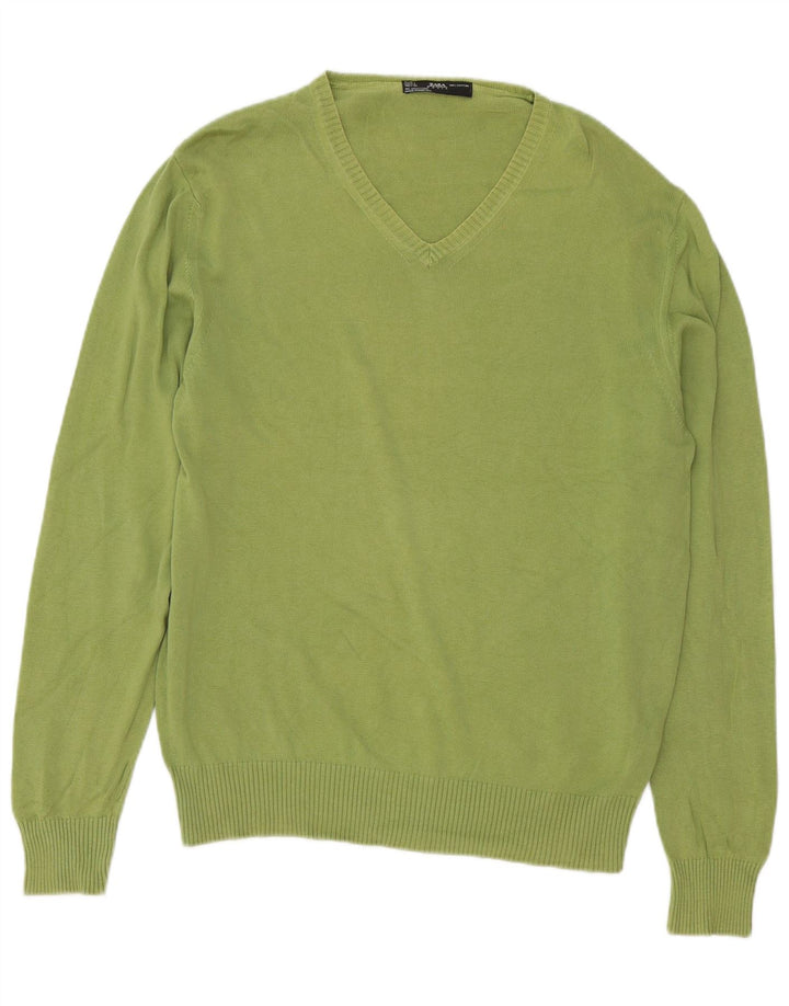 Zara Herre V-hals sweater Stor grøn bomuld