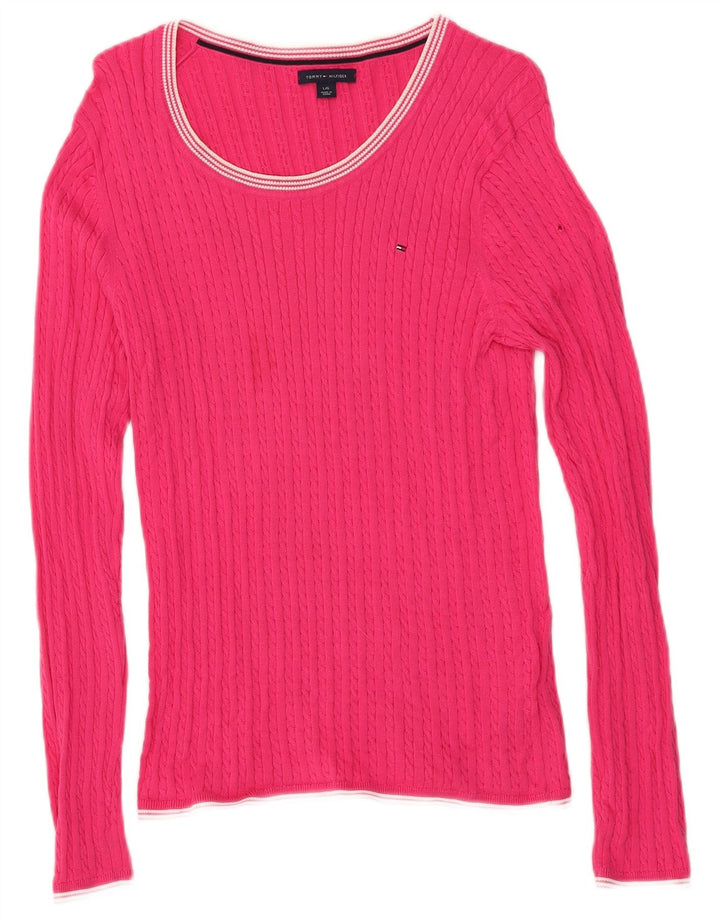 TOMMY HILFIGER Dame Boat Neck Jumper Sweater UK 14 Large Pink Bomuld