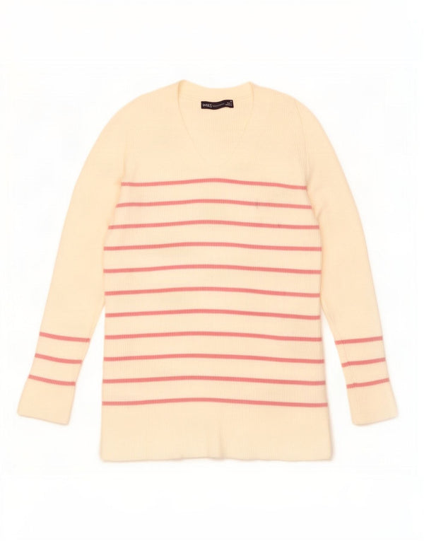Marks & Spencer Dame V-hals sweater UK 10 Small Off White Stribet