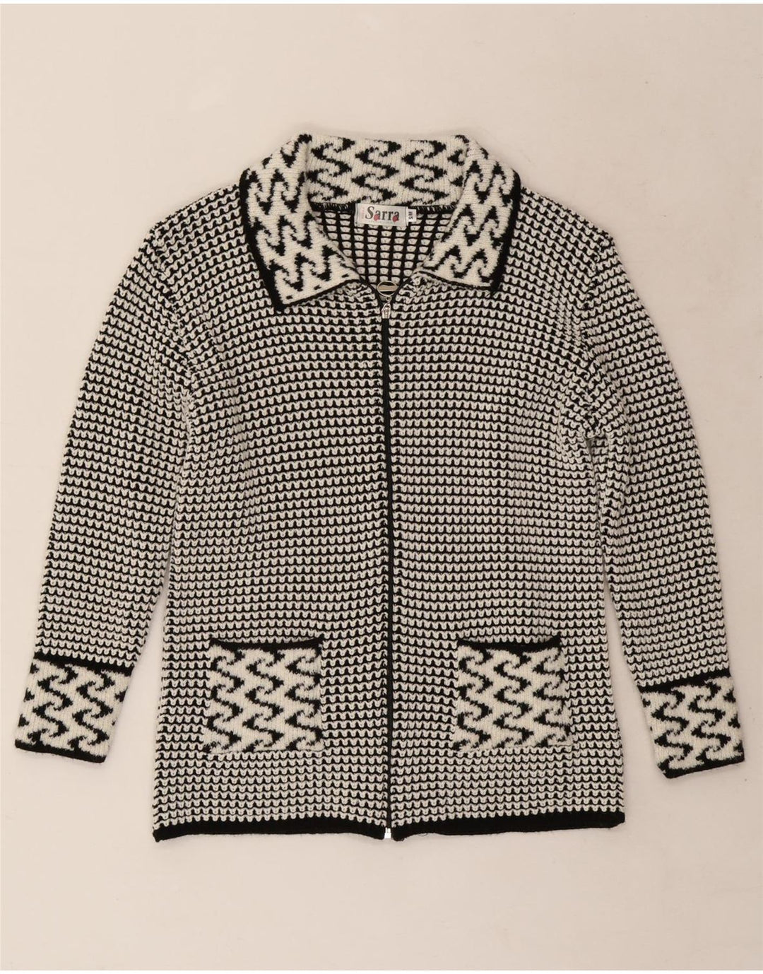 Vintage dame cardigan sweater UK 14 Medium Grey Geometric