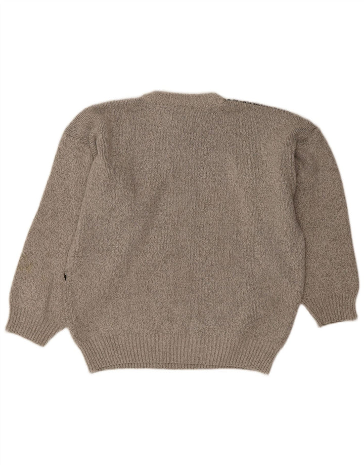 Vintage herre sweater med rund hals, stor grå geometrisk uld
