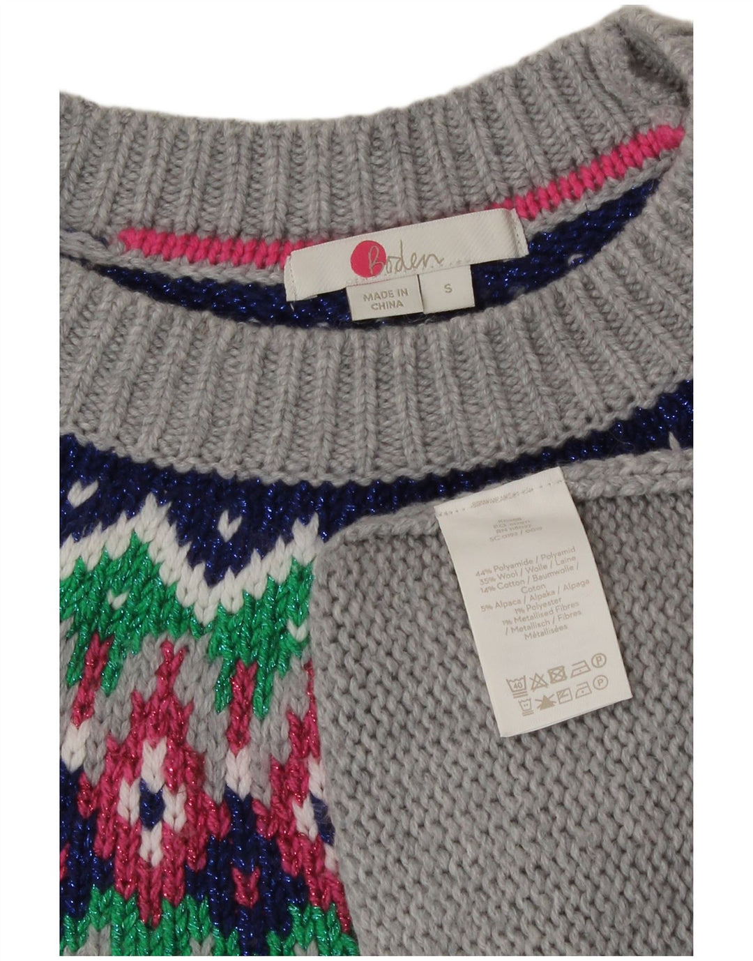 Boden Dame Crew Neck Jumper Sweater UK 10 Small Grey Fair Isle Polyamid
