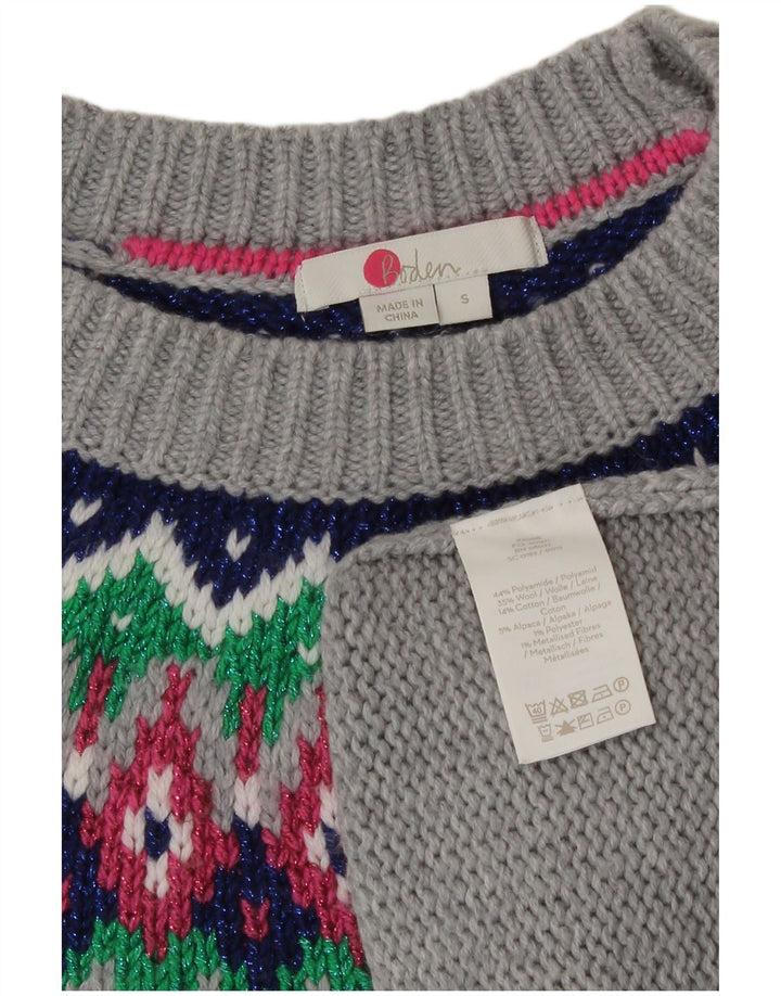 Boden Dame Crew Neck Jumper Sweater UK 10 Small Grey Fair Isle Polyamid