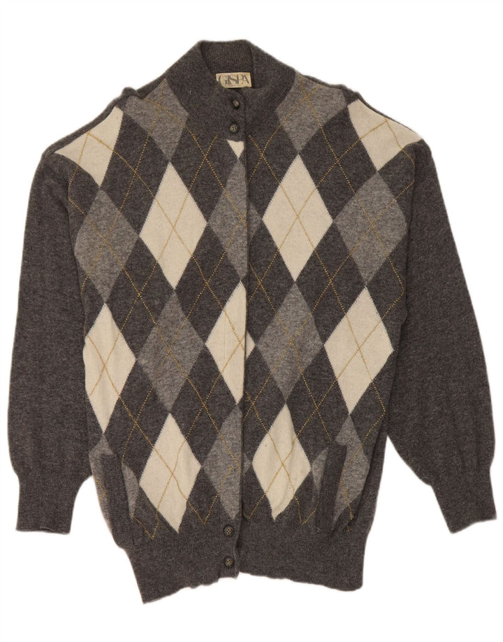 Gispa Dame Cardigan Sweater UK 14 Medium Grey Argyle/Diamond Virgin Wool