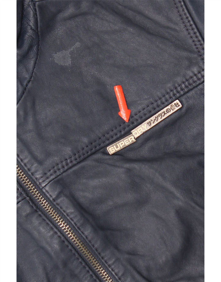 Superdry læderjakke med hætte til kvinder UK 14 Mellem marineblåt læder