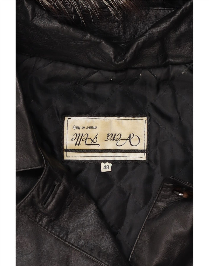 Vintage dame hætte oversize læder frakke IT 48 XL sort læder