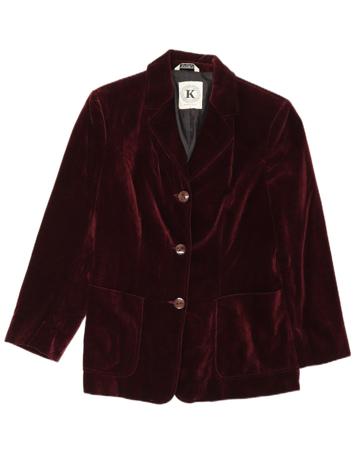 Vintage Dame 3 Button Velvet Blazer Jacket IT 42 Medium Bourgogne Bomuld