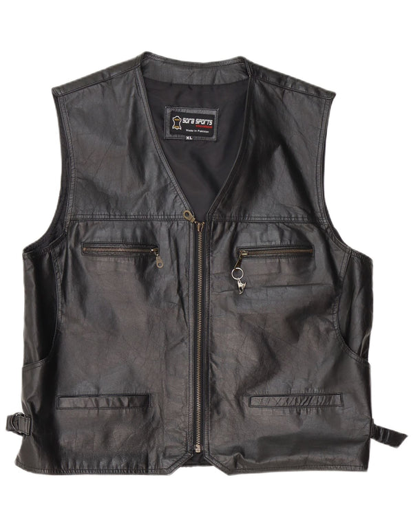 Vintage Mens Leather Waistcoat XL Black Leather