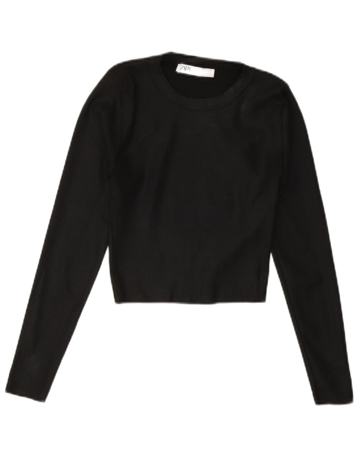 Zara Womens Crop Crew Neck Jumper Sweater UK 8 Small Black