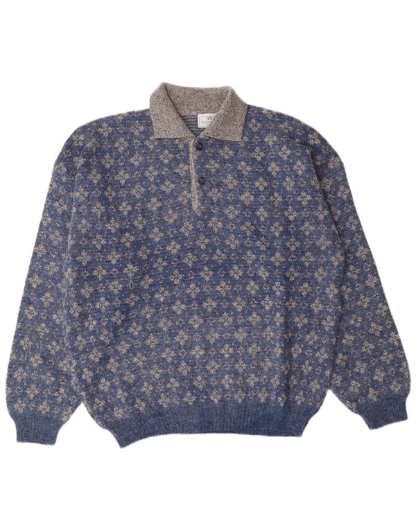 Umberto Severi Herre Polo Neck Jumper Sweater IT 52 Large Blue Floral