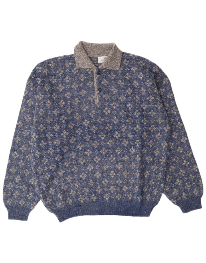 Umberto Severi Herre Polo Neck Jumper Sweater IT 52 Large Blue Floral