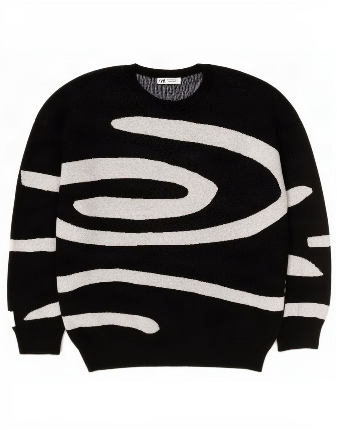 Zara Herre abstrakt mønster rund hals sweater stor sort bomuld