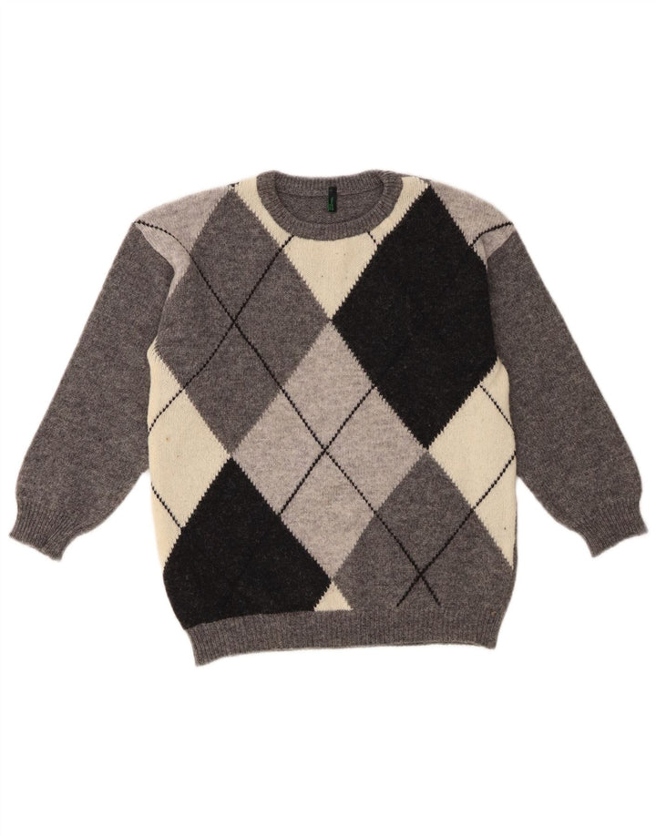 Benetton Dame Jumper Sweater UK 10 Small Grey Argyle/Diamond