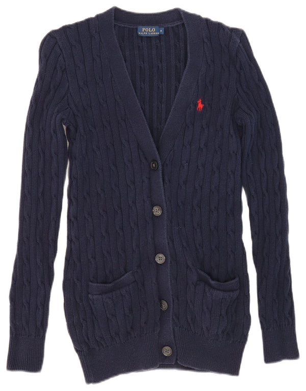 Polo Ralph Lauren Dame Cardigan Sweater UK 10 Small Navy Blue Bomuld